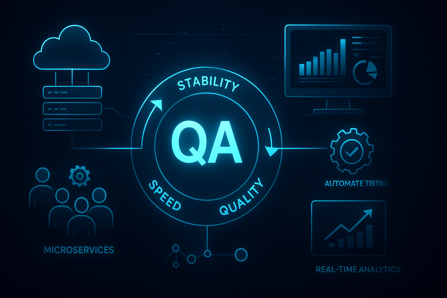 Diagram illustrating QA with stability, speed, and quality, connected to microservices, automation, and analytics.